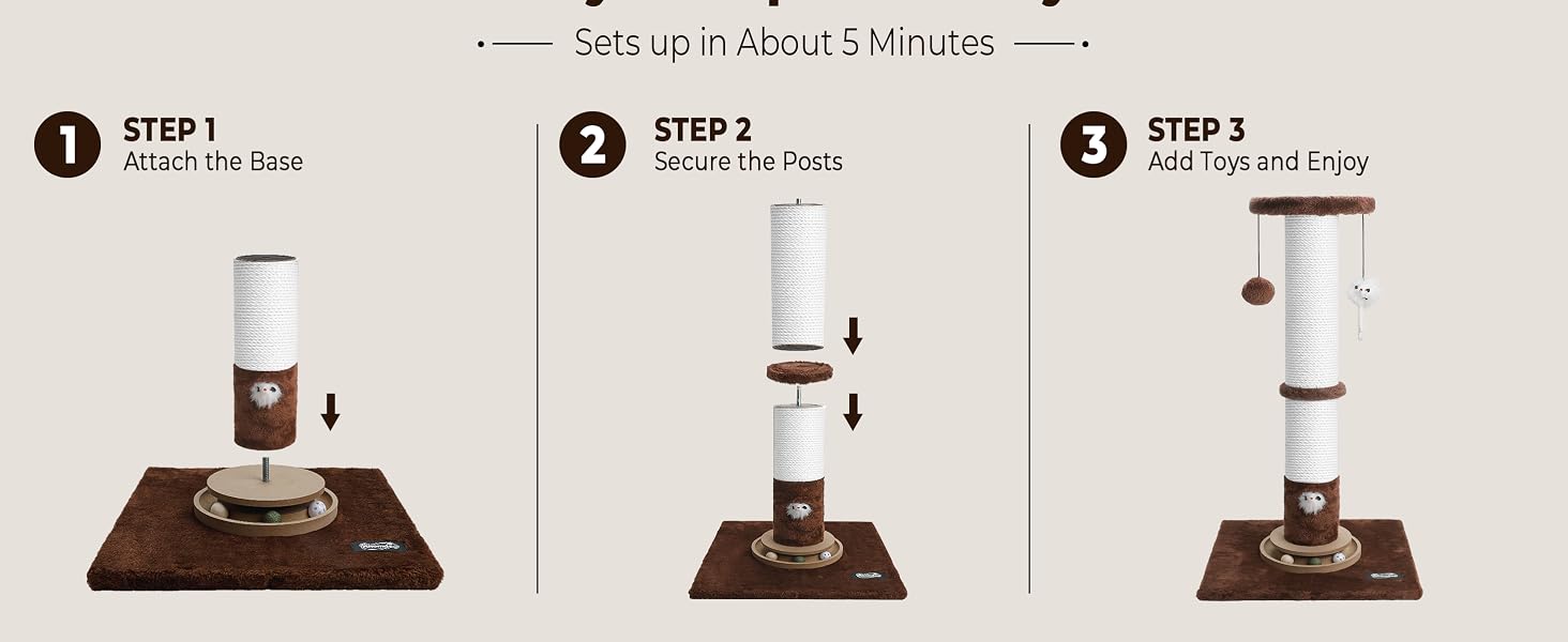 Three assembly steps: attach the base, secure the posts, add the toys
